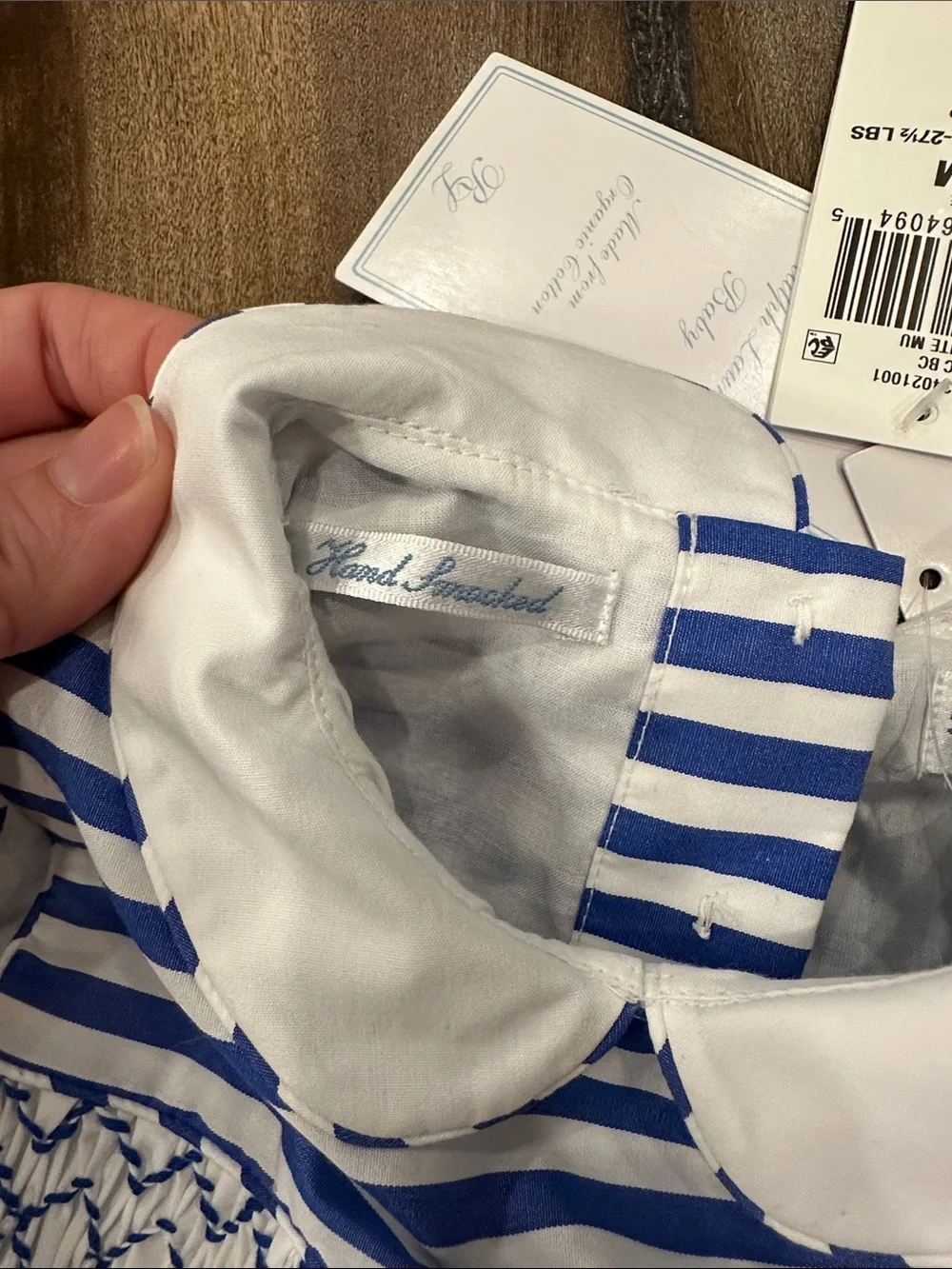 NWT Ralph Lauren Baby 18M Hand Smocked Dress /Sun Hat Blue Stripe Organic Cotton